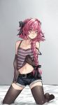  1boy astolfo_(fate) bare_shoulders belt black_belt black_gloves black_legwear black_shorts braid camisole camisole_lift collarbone elbow_gloves eyebrows_visible_through_hair fang fate/apocrypha fate/grand_order fate_(series) gloves hair_intakes hair_over_shoulder highres kneeling kobi420 lifted_by_self long_braid long_hair looking_at_viewer multicolored_hair navel otoko_no_ko pink_hair purple_eyes short_shorts shorts single_braid skin_fang solo stomach strap_slip streaked_hair striped_camisole thighhighs undressing white_hair 