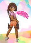  1girl ahoge arrow_(projectile) ass belt blush brown_eyes brown_hair child covered_nipples dark_skin dora_marquez dora_the_explorer eyebrows eyebrows_visible_through_hair eyelashes gun handgun holster holstered_weapon looking_back multicolored multicolored_background open_mouth orange_shorts pink_shirt pistol shirt shoes short_hair short_shorts shorts signature simple_background smile socks solo spanish_text tears-of-blade teeth weapon white_footwear yellow_legwear 