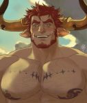  1boy agielba animal_ears bara beard blush chest chest_hair close-up dogandclover draph facial_hair granblue_fantasy green_eyes highres horns male_focus manly muscle nipples pectorals red_hair shirtless smile solo tattoo upper_body 