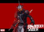  1boy absurdres armor chunk-san copyright_request english_text highres holding holding_weapon horns kamen_rider kamen_rider_saber kamen_rider_saber_(series) red_background reverse_grip single_horn sword weapon 