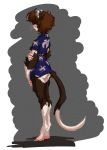  2020 ambiguous_gender anthro bottomless brown_body brown_fur brown_hair butt clothed clothing comictf digitigrade domestic_cat felid feline felis fur hair looking_at_viewer looking_back looking_back_at_viewer mammal rear_view shirt simple_background solo standing topwear trans_(lore) trans_woman_(lore) transformation whiskers 