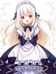  1girl apron black_dress dress hands_together highres long_hair maid maid_headdress open_mouth original pantyhose red_eyes ribbon silver_hair smile solo two_side_up usume_shirou white_apron white_legwear 