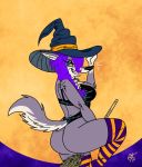  anthro big_breasts blue_eyes breasts brown_body brown_fur butt canid canine canis clothed clothing digital_media_(artwork) female fur hair halloween halloween_costume hat headgear headwear holidays looking_at_viewer lucy_lupa mammal pinup pose simple_background smile solo thick_thighs unclescooter witch_hat wolf 