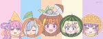  5girls :d ahoge amane_kanata bangs blonde_hair blue_eyes blunt_bangs blush candy_hair_ornament closed_eyes coconut eyebrows_visible_through_hair fangs food food_request food_themed_hair_ornament fruit gradient_hair green_eyes hair_ornament hair_over_one_eye hair_rings hairclip halo heterochromia highres himemori_luna hololive kiryuu_coco kukie-nyan leaf long_hair looking_at_viewer mandarin_orange multicolored_hair multiple_girls open_mouth pink_hair purple_eyes purple_hair short_hair smile streaked_hair tokoyami_towa tsunomaki_watame twitter_username virtual_youtuber waffle watermelon 