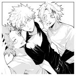  3boys arm_up bakugou_katsuki boku_no_hero_academia border collarbone commentary_request cowboy_shot crew_neck curtained_hair greyscale grin hair_between_eyes hand_on_another&#039;s_face hand_on_another&#039;s_wrist highres holding holding_phone kaminari_denki kirishima_eijiro layered_sleeves long_sleeves looking_at_another looking_to_the_side looking_up male_focus monochrome multicolored_hair multiple_boys neminemisho pants phone selfie sharp_teeth shirt short_over_long_sleeves short_sleeves sideways_glance smile spiked_hair standing streaked_hair t-shirt taking_picture teeth white_background 