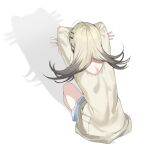  1girl absurdres ahoge cat_shadow_puppet commentary denim denim_shorts double_w flipped_hair from_behind gakuen_idolmaster gradient_hair grey_hair haze_(ohw8g) highres idolmaster long_hair middle_w multicolored_hair robe shadow shinosawa_hiro shorts signature simple_background solo squatting w white_background white_robe 
