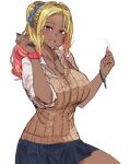  1girl blonde_hair blue_scrunchie blue_skirt bow_(bhp) breasts brown_sweater_vest cleavage commentary_request dark-skinned_female dark_skin fang gradient_hair gyaru hair_ornament hair_scrunchie highres jewelry kogal large_breasts looking_at_viewer multicolored_hair necklace open_mouth orange_eyes original pleated_skirt red_hair school_uniform scrunchie simple_background skin_fang skirt solo sweater_vest thighs white_background 