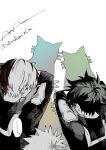  3boys bakugou_katsuki boku_no_hero_academia cat_shadow_puppet double_w highres male_focus meme middle_w midoriya_izuku multicolored_hair multiple_boys otogiter red_hair shadow_puppet simple_background spiked_hair squatting todoroki_shoto two-tone_hair w white_background white_hair 