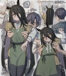  !? 1boy 1girl :&lt; absurdres ahoge apron arm_up arms_up arrow_(symbol) bare_shoulders barista black_hair black_pants blush collared_shirt ear_tag earrings flying_sweatdrops green_apron grey_hair grey_jacket half-closed_eyes height height_difference highres holding holding_jar husband_and_wife jacket jar jewelry layered_sleeves leogust lifting_person long_hair long_sleeves looking_at_another manhattan_cafe_(umamusume) multicolored_hair neck_ribbon no_eyes notice_lines pants reaching ribbon ring shelf shirt short-sleeved_sweater short_hair short_over_long_sleeves short_sleeves single_earring spoken_interrobang squiggle sweater torso_grab trainer_(umamusume) umamusume variant_set very_long_hair white_hair white_ribbon white_shirt yellow_eyes yellow_sweater 
