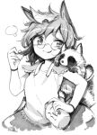  1girl animal_ears animal_on_shoulder breasts futatsuiwa_mamizou glasses harusame_(unmei_no_ikasumi) leaf leaf_on_head looking_at_animal pince-nez raccoon raccoon_ears raccoon_tail short_hair small_breasts tail tongue tongue_out touhou 