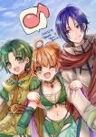  1girl 2boys blue_eyes blue_hair breasts cape cleavage dated double_bun fire_emblem fire_emblem:_the_binding_blade green_eyes green_hair hair_bun highres larum_(fire_emblem) lugh_(fire_emblem) medium_breasts midriff multiple_boys open_mouth orange_hair saul_(fire_emblem) smile urihara84 yellow_cape 