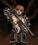  1girl absurdres arm_up armor armpits blue_eyes bowl_cut bracer breasts brown_gloves closed_mouth couter d&#039;arce_(fear_&amp;_hunger) dark_areolae dark_nipples faulds fear_&amp;_hunger_(series) fear_&amp;_hunger_1 fingerless_gloves gloves gorget hand_on_blade highres holding holding_blade holding_sword holding_weapon knight looking_at_viewer medium_breasts naked_armor nipples orange_hair pauldrons plate_armor rerebrace short_hair shoulder_armor signature solo standing sword topless_female very_short_hair warrior weapon wiltkingart 