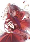  1boy absurdres ahoge black_hair black_hanfu blood blood_on_hands blood_splatter blurry blurry_foreground brown_hair chinese_clothes chinese_commentary chinese_text chromatic_aberration coat dao_gui_yi_xian extra_pupils floating_clothes floating_hair green_eyes grin guo_ling hair_bun hair_ribbon half_updo hanfu highres holding holding_mahjong_tile hong_zhong li_huowang long_hair looking_at_viewer mahjong_tile male_focus red_coat red_eyes red_hair red_ribbon ribbon sidelocks simple_background single_hair_bun smile solo teeth white_background 