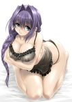  babydoll bed_sheet blue_eyes blush braid breast_hold breasts cleavage curvy frills hair_intakes kanon kneeling large_breasts leaning_forward long_hair mature minase_akiko mitarashi_kousei nipples panties purple_hair see-through sidelocks solo thong underwear 