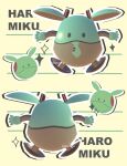  3d aqua_necktie chibi chibi_only commentary english_text gundam haro hatsune_miku highres lavy_(lavnko) mobile_suit_gundam necktie no_humans outline sparkle tie_clip vocaloid white_outline 