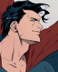  1boy adam&#039;s_apple black_hair blue_eyes blue_shirt cape closed_mouth collarbone dc_comics floating_cape highres hokkemaruyaki looking_ahead male_focus profile red_cape shirt short_sideburns smile solo superhero_costume superman superman_(series) twitter_username upper_body 