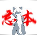 ambiguous_gender anthro biped changed_(video_game) chano chinese_text countershading fish front_view grey_body hair kemono looking_at_viewer marine pawpads paws pink_pawpads shark solo standing stripes text the_shark_(changed) white_body white_countershading white_hair