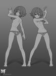  1girl \m/ artist_name bow bow_panties breasts crotch_seam full_body greyscale grin highres hip_bones kneepits kono_subarashii_sekai_ni_shukufuku_wo! lace-trimmed_panties lace_trim looking_at_viewer looking_back megumin monochrome multiple_views navel nayt_layt nipples panties perky_breasts ribs short_hair_with_long_locks small_breasts smile smirk teeth topless_female turning_head twitter_username underwear 
