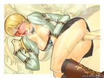  1girl aozoraichi blonde_hair blouse blue_eyes blush boots breasts capcom censored choker cleavage clothed_sex demento erect_nipples fiona_belli lying miniskirt nipple_slip nipples no_panties on_side open_mouth ponytail sex skirt solo sweat vaginal wince wink 