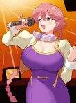  1girl apocalypse_hotel braid breasts brown_hair cleavage commentary cropped_jacket curvy dress enka hair_between_eyes highres holding holding_microphone huge_breasts indoors jacket karaoke long_hair mature_female microphone music open_mouth orange_eyes pinky_out purple_dress scarf shadow_(modeler3622) singing sleeve_cuffs smile solo standing tight_clothes twin_braids twintails very_long_hair white_jacket yachiyo_(apocalypse_hotel) 