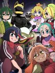  6+girls absurdres animal_ears_helmet animal_helmet aqua_hair artist_name biker_peach black_bodysuit blonde_hair blue_eyes bodysuit bongfill braid braided_ponytail breasts brown_gloves bulma celty_sturluson character_name clothes_writing commentary crossover crown dragon_ball dragon_ball_(classic) durarara!! earrings eyebrows_hidden_by_hair flcl gloves goggles goggles_on_head green_hair grin hair_between_eyes hair_over_one_eye haruhara_haruko helmet high_ponytail highres holding holding_removed_eyewear jacket jewelry justice_gakuen kazama_akira kill_la_kill large_breasts long_hair long_sleeves looking_at_viewer mario_(series) mario_kart mario_kart_wii matoi_ryuuko medium_breasts medium_hair motor_vehicle motorcycle motorcycle_helmet multicolored_hair multiple_crossover multiple_girls nikaidou_saki orange_gloves pants pink_hair ponytail princess_peach red_pants red_track_jacket red_track_suit short_hair skull_print smile squatting streaked_hair sunglasses symbol-only_commentary tank_top track_suit unworn_eyewear yellow_eyes yellow_helmet zombie_land_saga 