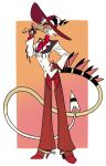 anthro clothed clothing cowboy cowboy_outfit demon fully_clothed helluva_boss hi_res hybrid hypnoticmoth hypnoticmoth_(artist) imp male sharp_teeth side_view smile smirk solo standing striker_(helluva_boss) tail teeth
