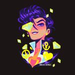  1boy anchor_ornament black_background brooch commentary cropped_shoulders diamond_(gemstone) diamond_wa_kudakenai earrings english_commentary gakuran heart heart_brooch higashikata_josuke highres jewelry jojo_no_kimyou_na_bouken makeup male_focus nolvini orange_shirt peace_symbol pompadour portrait purple_eyes purple_hair school_uniform shirt smile solo 