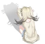  1girl absurdres ahoge cat_shadow_puppet commentary denim denim_shorts double_w flipped_hair from_behind gakuen_idolmaster gradient_hair grey_hair haze_(ohw8g) highres idolmaster long_hair middle_w multicolored_hair robe shadow shinosawa_hiro shorts signature simple_background solo squatting w white_background white_robe 