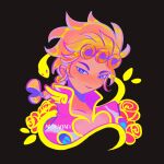  1boy black_background blue_eyes braid closed_mouth commentary cropped_shoulders english_commentary flower giorno_giovanna high_collar highres jacket jojo_no_kimyou_na_bouken looking_at_viewer male_focus nolvini orange_hair pink_jacket popped_collar portrait rose smile solo vento_aureo wing_ornament yellow_snake 
