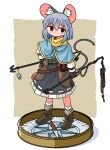  1girl absurdres animal_ears bag belt blue_capelet blush boots border brown_belt brown_boots brown_gloves brown_jacket capelet closed_mouth commentary_request commission compass dowsing_rod dress frilled_dress frills full_body gloves grey_dress grey_hair hand_on_own_hip highres holding jacket kasuya_baian long_sleeves looking_to_the_side mouse_(animal) mouse_ears mouse_girl mouse_tail nazrin outside_border red_eyes ribbon-trimmed_dress ribbon_trim satchel short_hair skeb_commission solo standing tail touhou white_border 