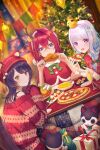  3girls :3 :d alternate_costume ange_katrina animal_ears animal_on_head antlers banken_(inui_toko) bare_shoulders beanie bell bell_earrings berry bird bird_on_head blue_eyes blue_hair blurry blurry_background bow bowtie box braid brown_hair brown_tail champagne_flute christmas christmas_sweater christmas_tree cloak closed_mouth commentary_request creature crossed_bangs cup deer_ears depth_of_field dog_tail drinking_glass dutch_angle earrings eating fake_animal_ears fake_antlers food food_request fork fur-trimmed_cloak fur-trimmed_jacket fur_trim gift gift_bag gift_box green_bow green_bowtie hair_between_eyes hair_ornament hairpin hands_up hanging_light hat hat_with_ears heterochromia highres holding holding_food holding_pizza horns indoors inui_toko jacket jewelry kotatsu leaf_hair_ornament light_blush lize_helesta long_bangs long_hair long_sleeves looking_at_viewer looking_to_the_side medium_hair monocle multicolored_hair multiple_girls multiple_hairpins nail_polish nijisanji off-shoulder_sweater off_shoulder on_head open_mouth oyu_(b_47p) pizza plate pom_pom_(clothes) purple_eyes red_cloak red_eyes red_hair red_hat red_jacket red_nails red_sweater reindeer_antlers sanbaka_(nijisanji) santa_hat sebastian_piyodore side_braid sidelocks single_hair_intake sitting smile snowflake_hair_ornament spoon streaked_hair string_of_flags sweatdrop sweater swept_bangs table tail turning_head two-tone_hair under_kotatsu under_table virtual_youtuber white_hair white_sleeve_cuffs white_trim yellow_bird yellow_eyes 