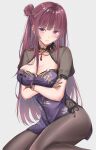  1girl absurdres black_gloves black_pantyhose breasts china_dress chinese_clothes dress girls&#039;_frontline girls&#039;_frontline_2:_exilium gloves hair_bun highres long_hair looking_at_viewer makiatto_(embroidered_bamboo_blooming_shadows)_(girls&#039;_frontline_2) makiatto_(girls&#039;_frontline_2) official_alternate_costume pantyhose purple_dress purple_hair red_eyes red_nails satsumaagee see-through_clothes see-through_gloves simple_background single_hair_bun solo wa2000_(girls&#039;_frontline) white_background 
