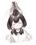  1girl 1other absurdres ahoge animal_ear_fluff animal_ears brown_hair child collared_shirt commentary_request crying disembodied_hand dress_shirt extra_ears flying_sweatdrops furrowed_brow grabbing_another&#039;s_ear hand_on_another&#039;s_ear highres ic_(iccccccccc81) large_ears long_hair low_twintails one_eye_closed open_mouth original rabbit_ears shirt short_sleeves solo_focus twintails white_background white_shirt yellow_eyes 
