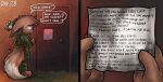 2025 4_fingers anthro army_uniform bandage bandage_on_ears brown_body brown_fur building chest_tuft clothed clothing dialogue door door_handle doorknob eevee english_description english_text female fingers fur generation_1_pokemon grass head_tuft hi_res impending_doom nintendo note paper paws plant pokemon pokemon_(species) profanity solo speech_bubble sunset tail tan_body tan_fur text tragiccurse tuft wall_(structure) yellow_eyes