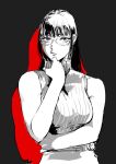  1girl agawa_sensei_(strikeout_pitch) bare_arms bare_shoulders breasts choppy_bangs closed_mouth glasses greyscale_with_colored_background highres long_hair medium_breasts mole mole_under_eye osakana_(denpa_yun&#039;yun) ribbed_sweater sleeveless sleeveless_sweater sleeveless_turtleneck strikeout_pitch sweater turtleneck turtleneck_sweater upper_body 