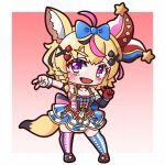  1girl :d absurdres ahoge animal_ear_fluff animal_ears black_hair black_sleeves blonde_hair blue_bow bow braid breasts chibi club_hair_ornament collarbone commentary_request detached_sleeves diamond_hair_ornament fox_ears fox_girl fox_tail full_body gloves hair_bow hair_ornament hairclip hat heart heart_hair_ornament highres hololive jester_cap layered_skirt long_sleeves looking_at_viewer multicolored_hair omaru_polka omaru_polka_(1st_costume) pink_background pink_hair purple_eyes red_gloves saishosaisekojo shoes single_braid skirt small_breasts smile solo spade_hair_ornament standing star_(symbol) striped_clothes striped_skirt striped_thighhighs tail thighhighs tilted_headwear two-tone_hair vertical-striped_clothes vertical-striped_skirt vertical-striped_thighhighs virtual_youtuber x_hair_ornament 