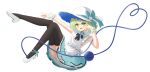  1girl :d absurdres black_bow black_thighhighs blue_bow blue_flower blue_ribbon blue_rose blue_skirt bow flower full_body green_eyes green_hair hat hat_bow hat_flower hat_ribbon highres komeiji_koishi open_mouth outstretched_arm ribbon rose shoes short_hair simple_background skirt smile solo thighhighs third_eye touhou v white_background white_flower white_hat white_shoes wrainman wrist_cuffs 