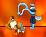 2010 all_fours anthro arcanine barefoot biped black_markings bottomwear brown_hair canid canine canis cargo_pants clothed clothing colored duo feet fox0808 fully_clothed fur generation_1_pokemon goo_transformation hair human human_to_feral male mammal markings mid_transformation nintendo open_mouth orange_arms pants partial_transformation partially_clothed paws pokemon pokemon_(species) shirt simple_background species_transformation standing striped_markings stripes tail topless topwear transformation wolf