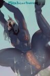 andromorph anthro anus arms_above_head arms_tied big_pussy bit_gag blindfold blue_background bodily_fluids bound equid equine femboy gag gagged genital_fluids genital_focus genitals hi_res horn intersex low-angle_view mammal milkbearbunny mythological_creature mythological_equine mythology nipples pecs purple_body pussy pussy_focus restrained simple_background solo spread_legs spreading unicorn vaginal_fluids