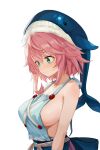  1girl apron breasts chunjiu green_eyes highres large_breasts light_blush nearly_naked_apron okunoda_miyoi pink_hair short_hair sideboob simple_background solo touhou upper_body whale_hat white_background 