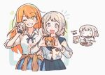  2girls :d ;d ^_^ black_sailor_collar blue_overskirt blue_ribbon blue_skirt braid brown_cardigan cardigan cardigan_around_waist character_doll chibigurumi closed_eyes clothes_around_waist commentary_request doch1_suki doll gakuen_idolmaster grey_hair grill grin hair_ribbon half_up_braid hatsuboshi_gakuen_school_uniform holding holding_doll idolmaster jacket katsuragi_lilja looking_at_viewer mole mole_under_eye multiple_girls multiple_views neck_ribbon one_eye_closed orange_hair pleated_skirt ribbon ribbon_braid sailor_collar school_uniform shiun_sumika short_hair simple_background skirt smile white_jacket 