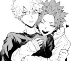  2boys bakugou_katsuki boku_no_hero_academia closed_eyes closed_mouth commentary_request crew_neck frown greyscale hair_between_eyes heart hood hooded_sweater kirishima_eijiro long_sleeves looking_at_another male_focus monochrome multiple_boys neminemisho open_mouth sharp_teeth shirt short_hair short_sleeves simple_background smile spiked_hair sweater t-shirt teeth upper_body white_background yaoi 