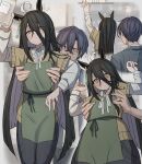  1boy 1girl :&lt; absurdres ahoge apron arm_up arms_up bare_shoulders barista black_hair black_pants blush collared_shirt ear_tag earrings green_apron grey_hair grey_jacket half-closed_eyes height_difference highres holding holding_jar husband_and_wife jacket jar jewelry layered_sleeves leogust lifting_person long_hair long_sleeves looking_at_another manhattan_cafe_(umamusume) multicolored_hair neck_ribbon no_eyes pants reaching ribbon ring shelf shirt short-sleeved_sweater short_hair short_over_long_sleeves short_sleeves single_earring sweater textless_version torso_grab trainer_(umamusume) umamusume variant_set very_long_hair white_hair white_ribbon white_shirt yellow_eyes yellow_sweater 