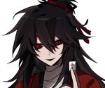 1boy 3305114589 bandaged_neck bandages black_hair chinese_clothes chinese_commentary coat dao_gui_yi_xian extra_pupils green_eyes hair_between_eyes hair_bun hair_ribbon hand_up hanfu holding holding_mahjong_tile hong_zhong li_huowang long_hair looking_at_viewer mahjong_tile male_focus messy_hair open_clothes open_mouth portrait red_coat red_eyes red_ribbon ribbon simple_background single_hair_bun smile solo white_background 