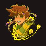  1boy battle_tendency black_background brown_hair clacker commentary cropped_shoulders english_commentary flower green_eyes green_scarf headband highres jojo_no_kimyou_na_bouken joseph_joestar joseph_joestar_(young) male_focus multicolored_headband multicolored_scarf nolvini one_eye_closed portrait purple_headband scarf short_hair smile solo star_(symbol) striped_clothes striped_scarf sunflower triangle_print yellow_headband yellow_scarf yellow_theme 