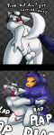 2024 abdominal_bulge absurd_res alliartist anal anal_penetration anthro balls blue_body blue_eyes blue_fur bodily_fluids butt canid canine canis canon_x_oc changed_(video_game) comic dialogue digital_drawing_(artwork) digital_media_(artwork) dr._k_(changed) duo english_text erection from_behind_position fur gas_mask genital_fluids genitals hi_res humanoid_genitalia humanoid_penis lex_(soggysteakfries) male male/male male_penetrating mammal mask nude onomatopoeia penetration penile penile_penetration penis penis_in_ass precum presenting presenting_hindquarters red_eyes restrained_arms sex skulldog_(species) smile sound_effects tail text white_body white_fur wolf