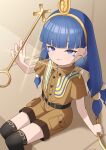  1girl absurdres asakura_haru belt black_belt black_thighhighs blue_eyes blue_hair blunt_bangs blunt_ends breasts brown_shirt brown_shorts collared_shirt commentary_request earrings facial_mark gold_hairband hairband highres holding holding_scepter jewelry key_earrings light_blush long_hair looking_at_viewer mark_under_both_eyes michigami_nareko parted_lips scepter shirt short_sleeves shorts slit_pupils smile solo thighhighs touhou triangle triangle_facial_mark usekh_collar 
