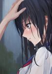  1girl azuki_yui bangs black_eyes black_hair blurry blurry_background crying crying_with_eyes_open gloomy hair_over_eyes hair_over_shoulder hand_on_another&#039;s_head highres looking_down neckerchief original outdoors rain red_neckwear school_uniform serafuku tears upper_body water_drop wet wet_clothes wet_hair 