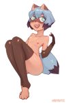  &lt;3 &lt;3_eyes anthro brand_new_animal breasts canid canine clothing feet female legwear looking_at_viewer mammal michiru_kagemori mostly_nude nepentz open_mouth raccoon_dog smile solo stockings studio_trigger tanuki toes young 