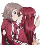  2girls absurdres blue_eyes blush brown_hair couple eye_contact from_side hair_ornament highres jacket long_hair long_sleeves looking_at_another love_live! love_live!_sunshine!! multiple_girls parted_lips red_hair red_jacket sakurauchi_riko shiny shiny_hair simple_background sweatdrop track_jacket upper_body watanabe_you white_background yellow_eyes yuchi_(salmon-1000) yuri 